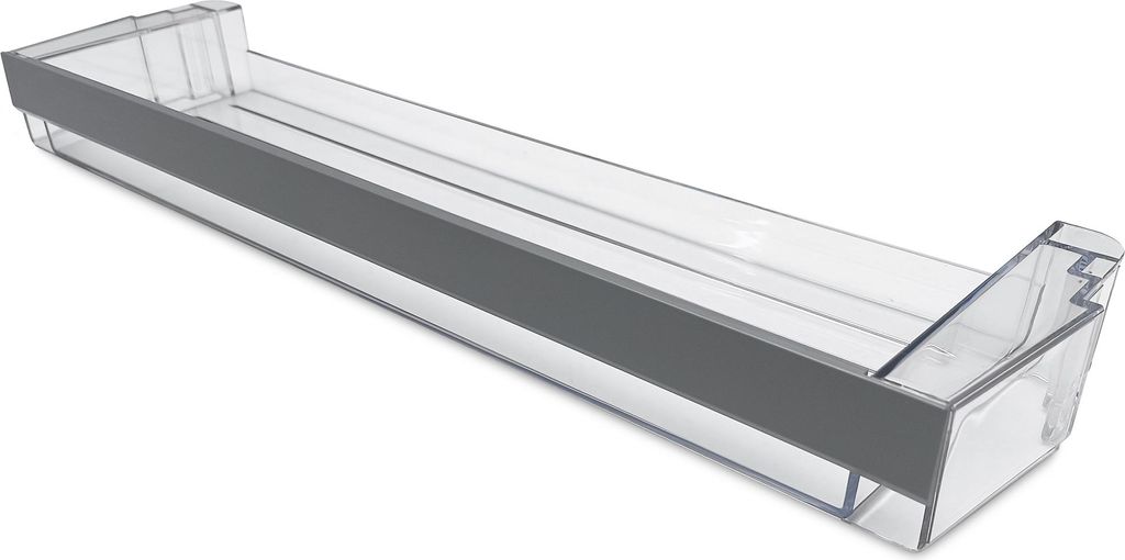 A clear, studio shot of a refrigerator door shelf.