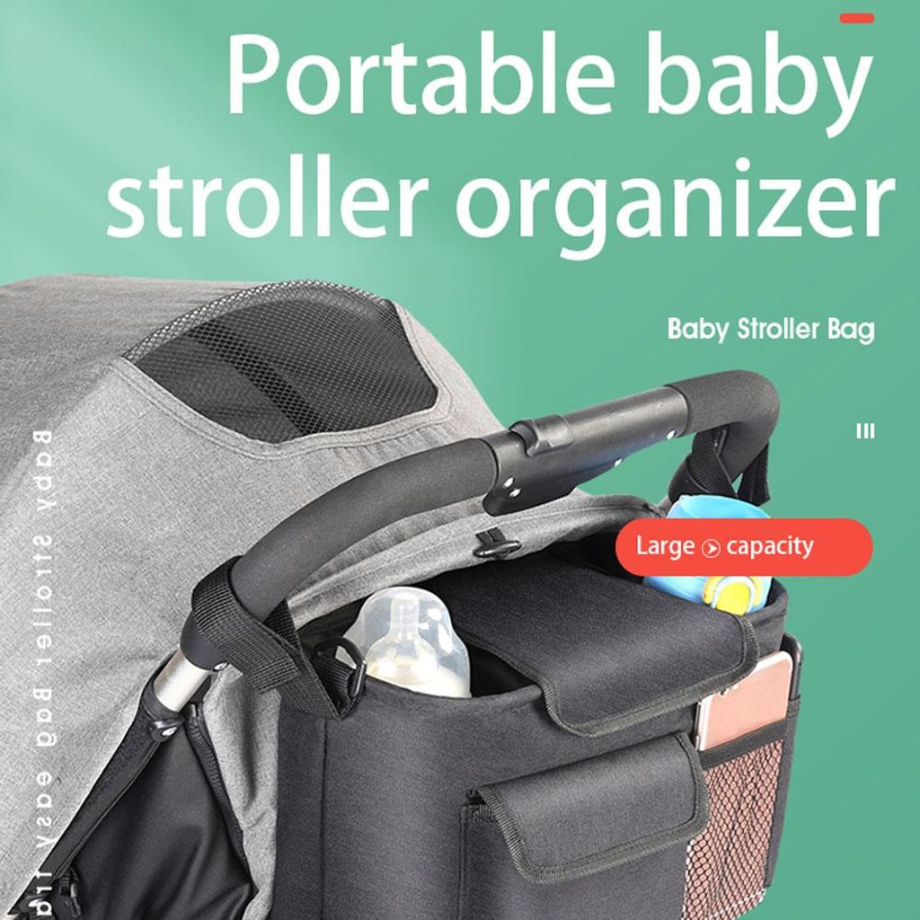 Kinderwagen-Organizer-Tasche, universelle Aufbewahrung mit abnehmbarem Schultergurt, Getränkehalter, Zubehör für Windeln, Babyflaschen, Telefons...