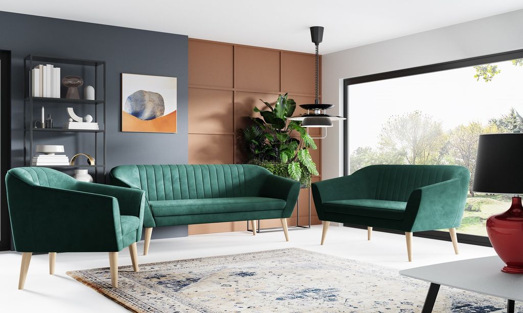 A living room set with a sofa and two armchairs.