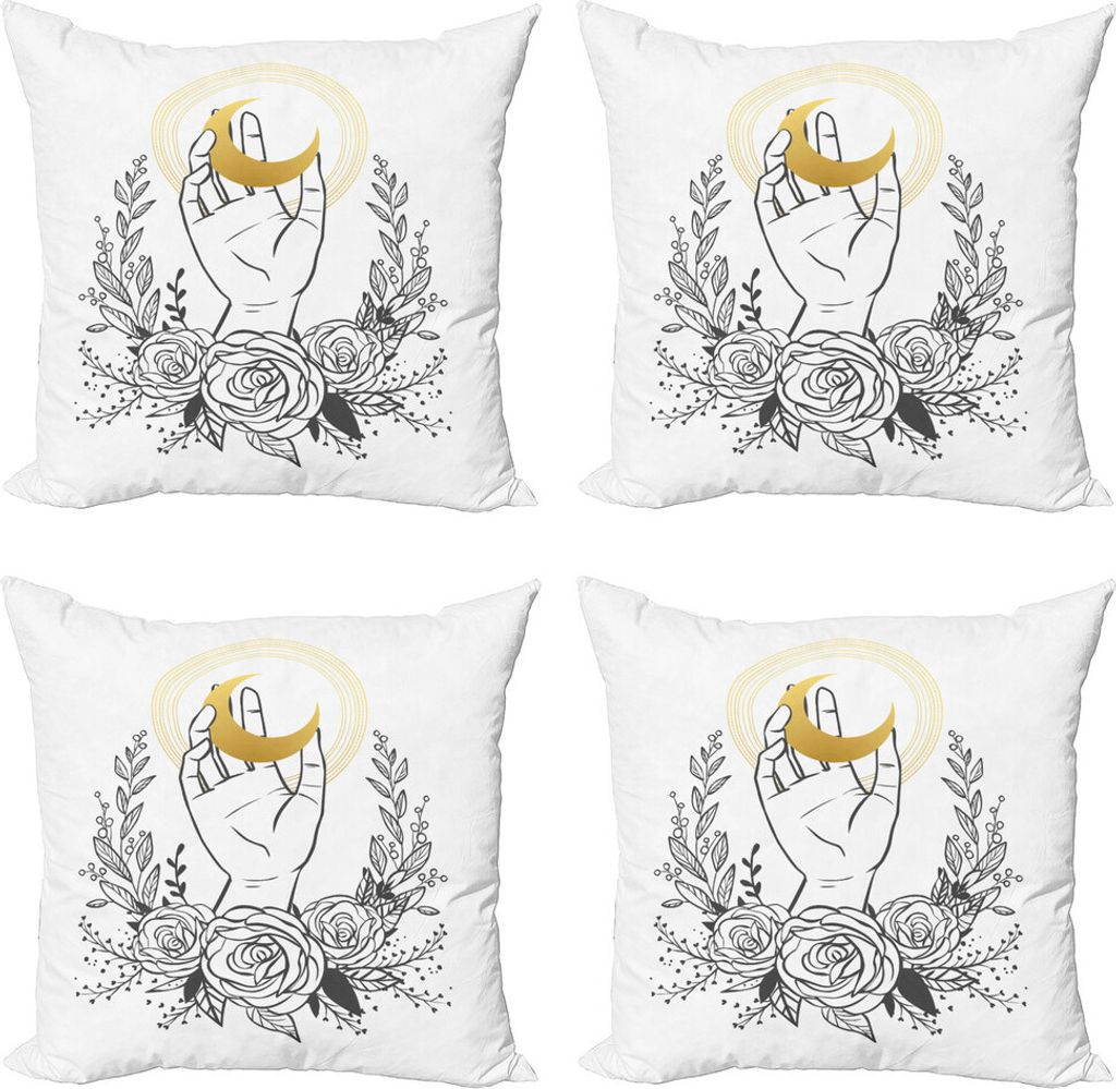ABAKUHAUS magic Moon Kissenbezug Set (4 Stück), Crescent Blumenkranz, Moderner Doppelseitiger Digitaldruck, 40 cm x 40 cm, Erde Gelb Grau
