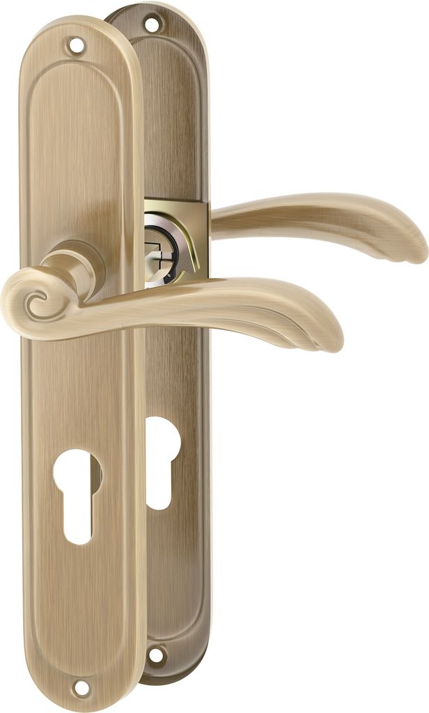 A pair of bronze-colored door handles with escutcheons, presented against a white background.
