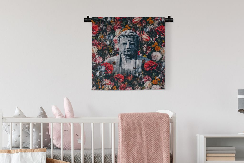 MuchoWow Wandteppich Wandbehang Buddha - Blumen - Rot 60x60 cm Tapisserie Dekoration Wandtuch - Dekorationen - Wand Decke