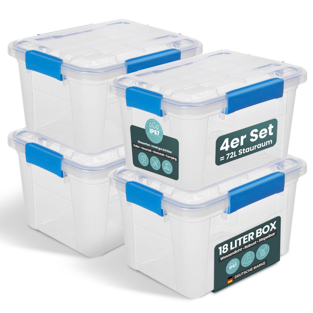 Kreher Aufbewahrungsbox 18 L mit Deckel - wasserdicht & staubdicht, transparent & stapelbar, BPA- & schadstofffrei, robuste Kunststoffbox (4 Stück)