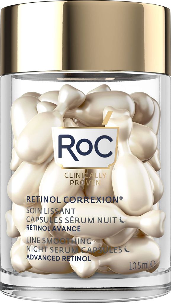 A clear, well-lit studio shot of a bottle of RoC Retinol Correxion Line Smoothing Night Serum capsules.
