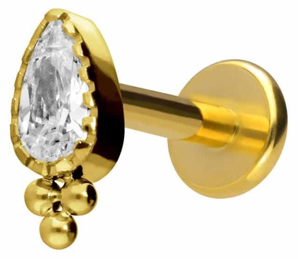 Ohrpiercing, Nasenpiercing Titan Labret mit Innengewinde KRISTALLTROPFEN + KUGELN Gold Stablänge: 5mm | Stabstärke: 1,2mm