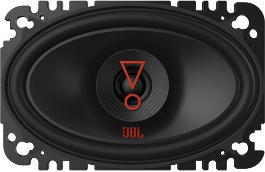 A close-up studio shot of a black oval car speaker with orange branding.