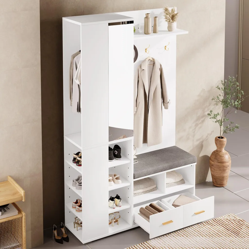 Optimiser l'entrée : Vestiaire blanc 120x35cm avec banc et miroir mural