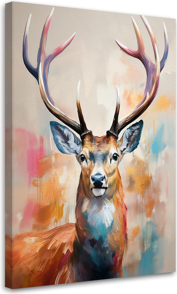 Leinwandbild Hirsch Tiere Gemalte Blume 70x100 Feeby Bunt bild für die wand bereit zum aufhängen