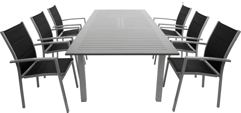 DEGAMO Gartengarnitur Essgruppe BAJAZZO 7-teilig, Aluminium silber/grau + Kunstgewebe schwarz, 6x Stapelsessel, 1x Ausziehtisch 175/245x100cm