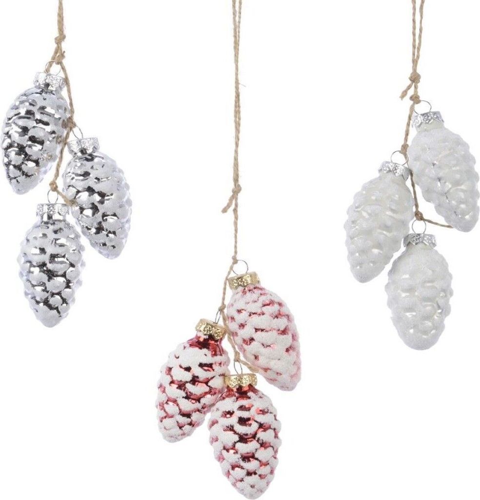 Glaszapfenbündel Glas Zapfen Baumdeko silber rot weiß 3er Set
