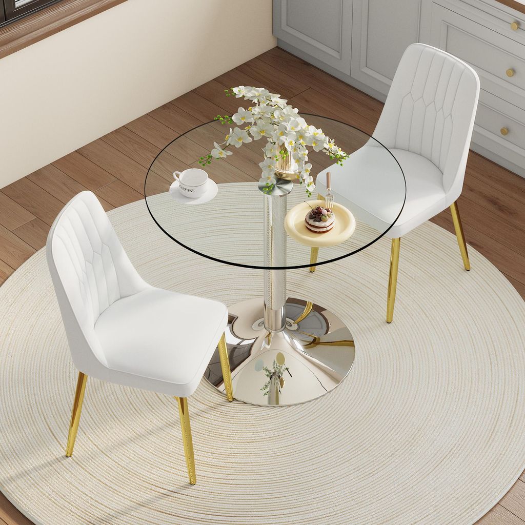Tisch-Stuhl-Set, 85 cm runder Glastisch + 4 weiße PolyurethanStühle, silberne Beine, minimalistisch