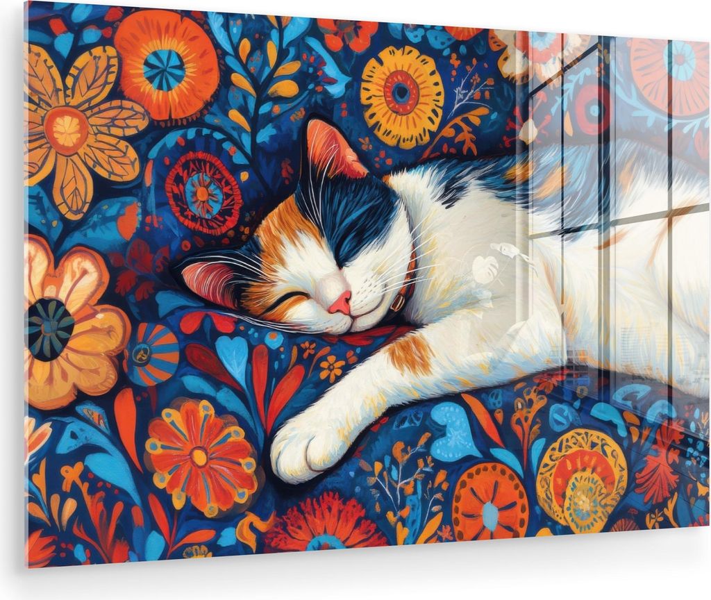 MuchoWow Glasbilder - Bilder auf Wandbild - Foto auf Glas Katze - Blumenmuster - Blau - Orange 30x20 cm Wanddekoration aus Glas - Acrylglasbild - A...