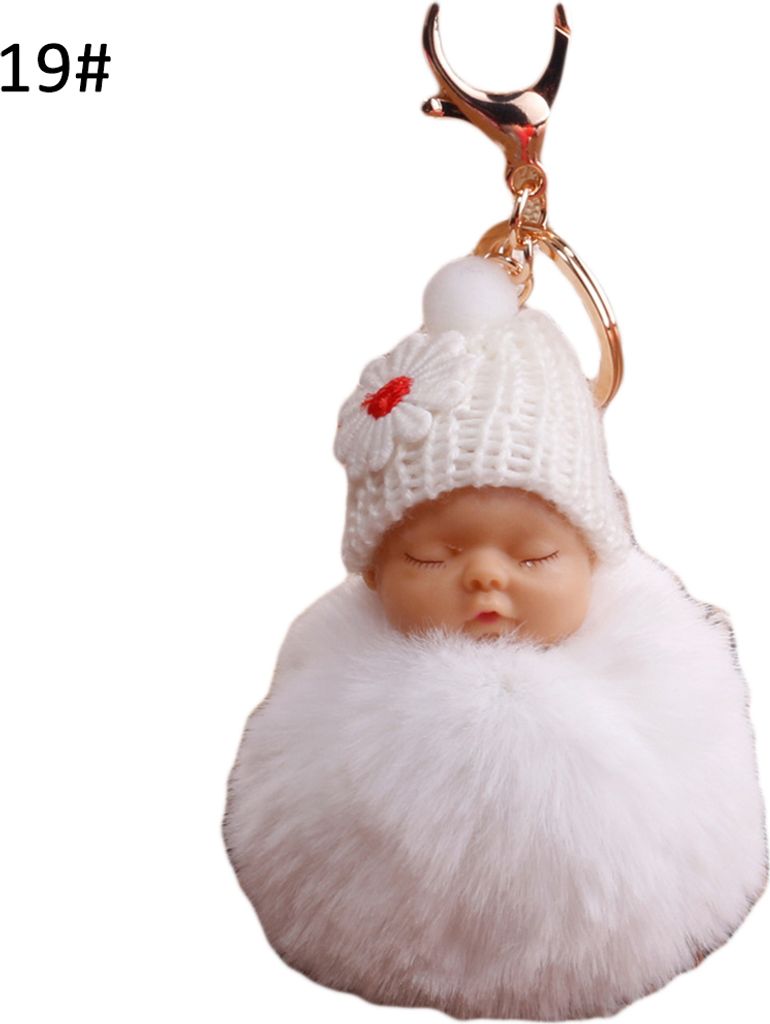 Süßes schlafendes Baby, flauschiger Pompon-Plüschpuppe, hängender Anhänger, Schlüsselanhänger-Weiß