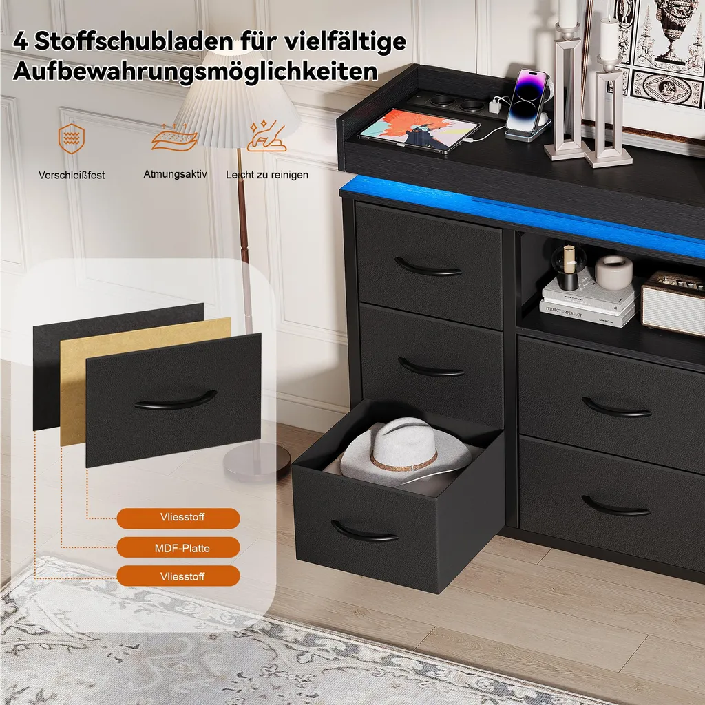 Commode UnboxG noire à 8 tiroirs avec LED et station de charge USB