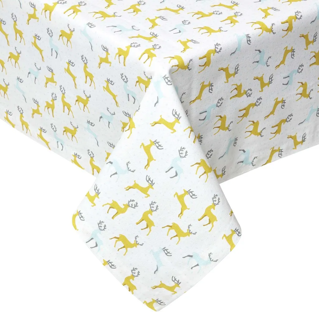 Nappe de Noël Ronde 178 cm Anti-Plis en Coton, Motif Cerf Gris et Jaune