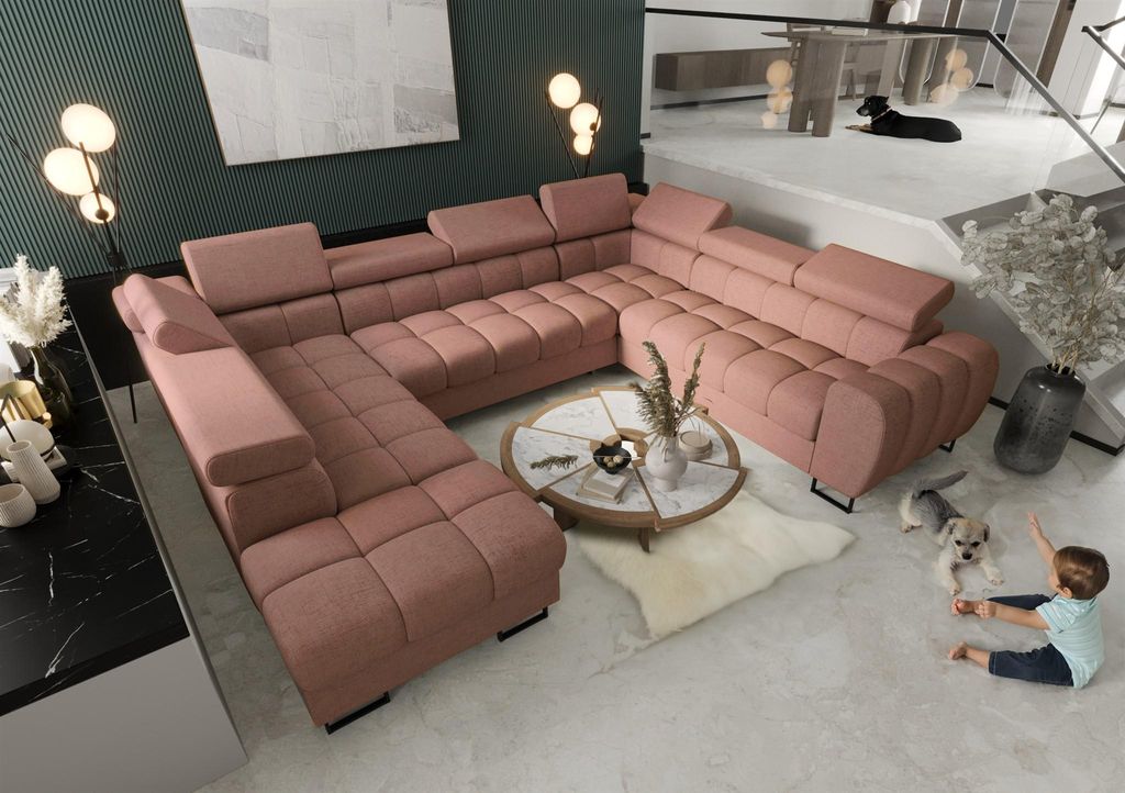 Wohnlandschaft Schlafsofa BASTIEN XL in Stoff Moly Altrosa Ottomane Links