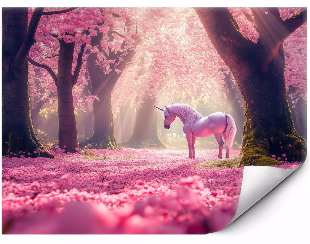 Fototapete Für Die Wand Einhorn im rosa Blumenwald für Produktbild 