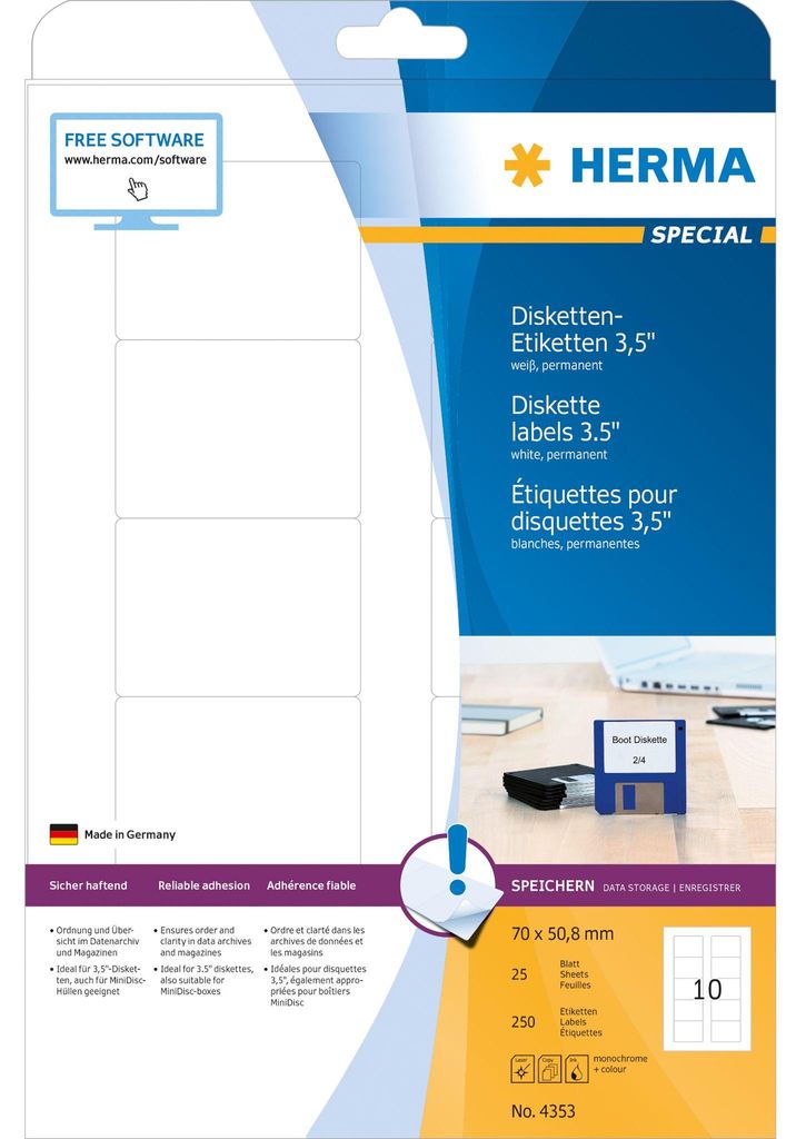 HERMA Disketten Etiketten 3,5" SPECIAL 70 x 50,8 mm weiß 250 Etiketten