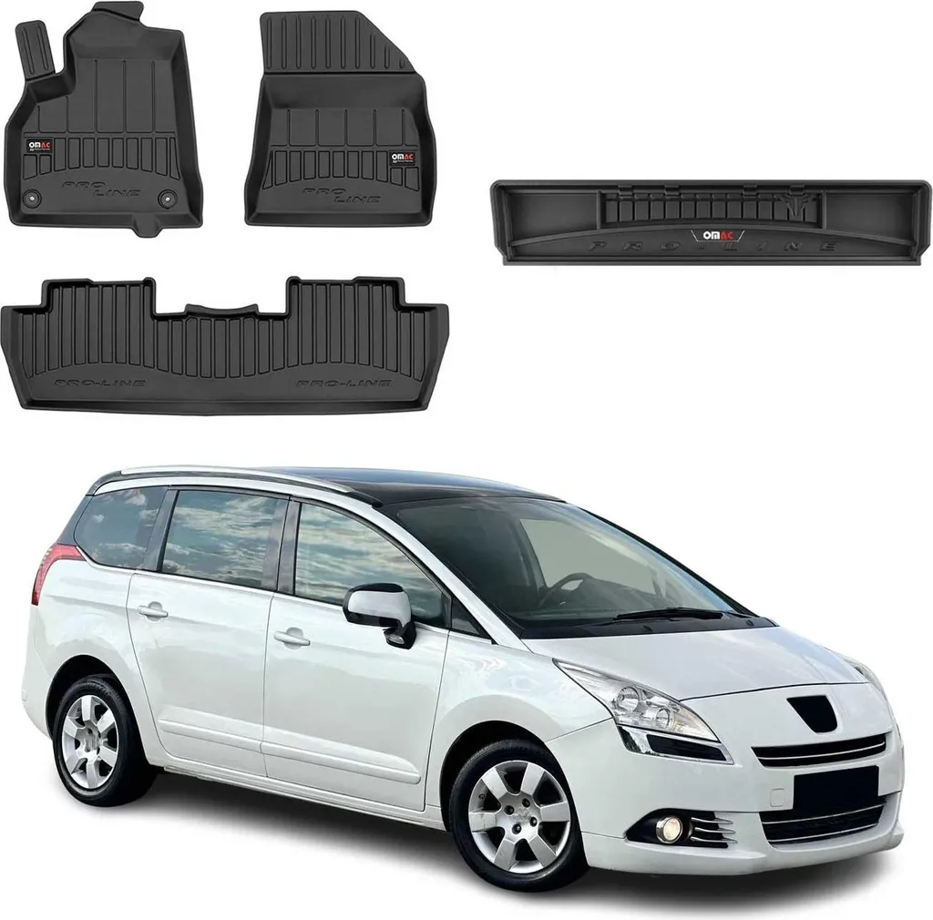 Set di tappetini e fodere per bagagliaio OMAC per Peugeot 5008 2009-2017 in gomma nera 4x