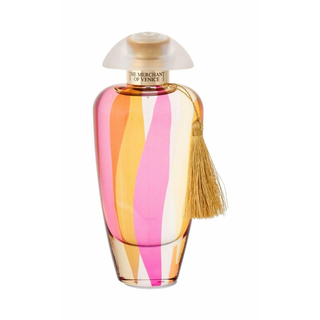 A perfume bottle with a colorful striped design and a gold tassel.