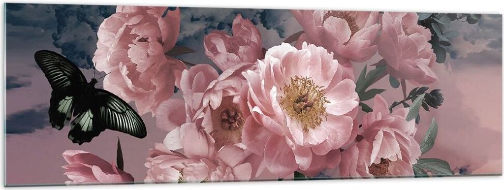 Bilder auf glas - Einteilig - Blumen Schmetterling Wolken - 160x50cm - Glasbilder - Wandbilder - Bilder - Wanddekoration aus Glas - Glas Bilder - W...