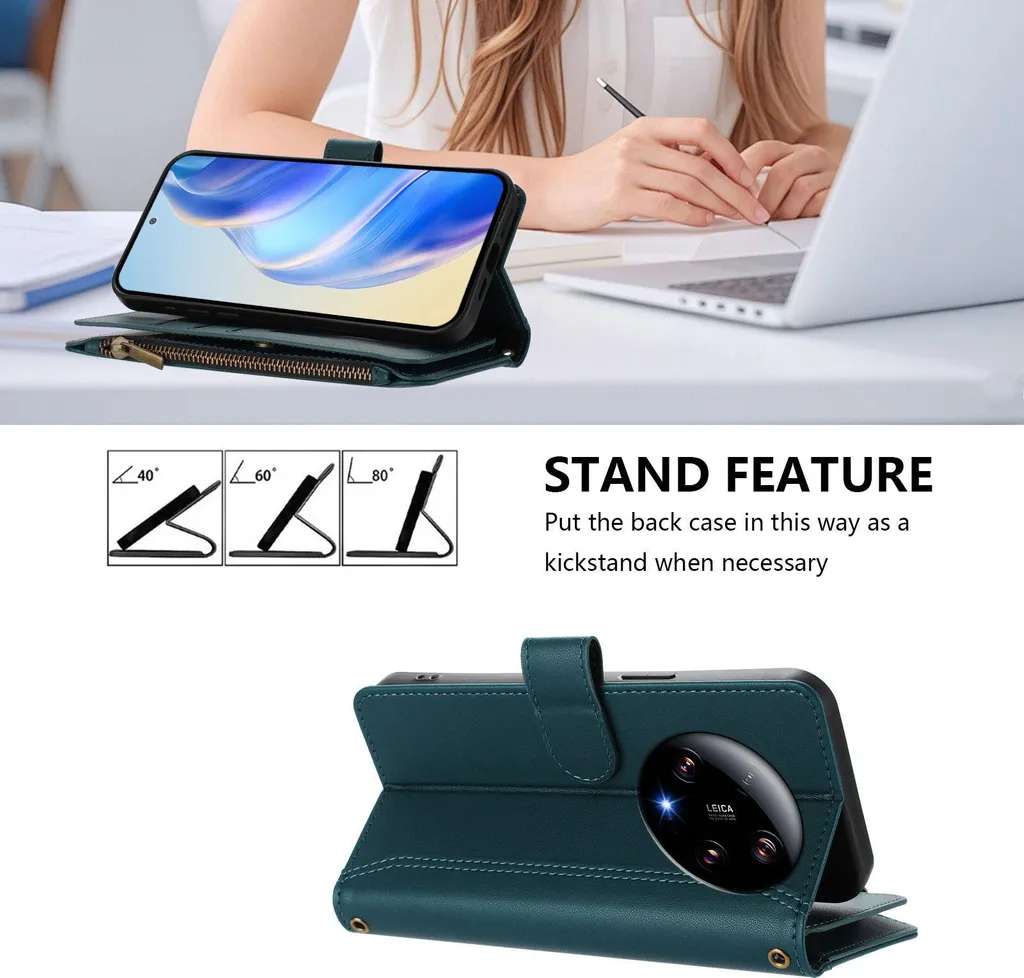 Custodia Xiaomi 13 Ultra Verde in Finto Cuoio con Cerniera e Portafoglio - 2