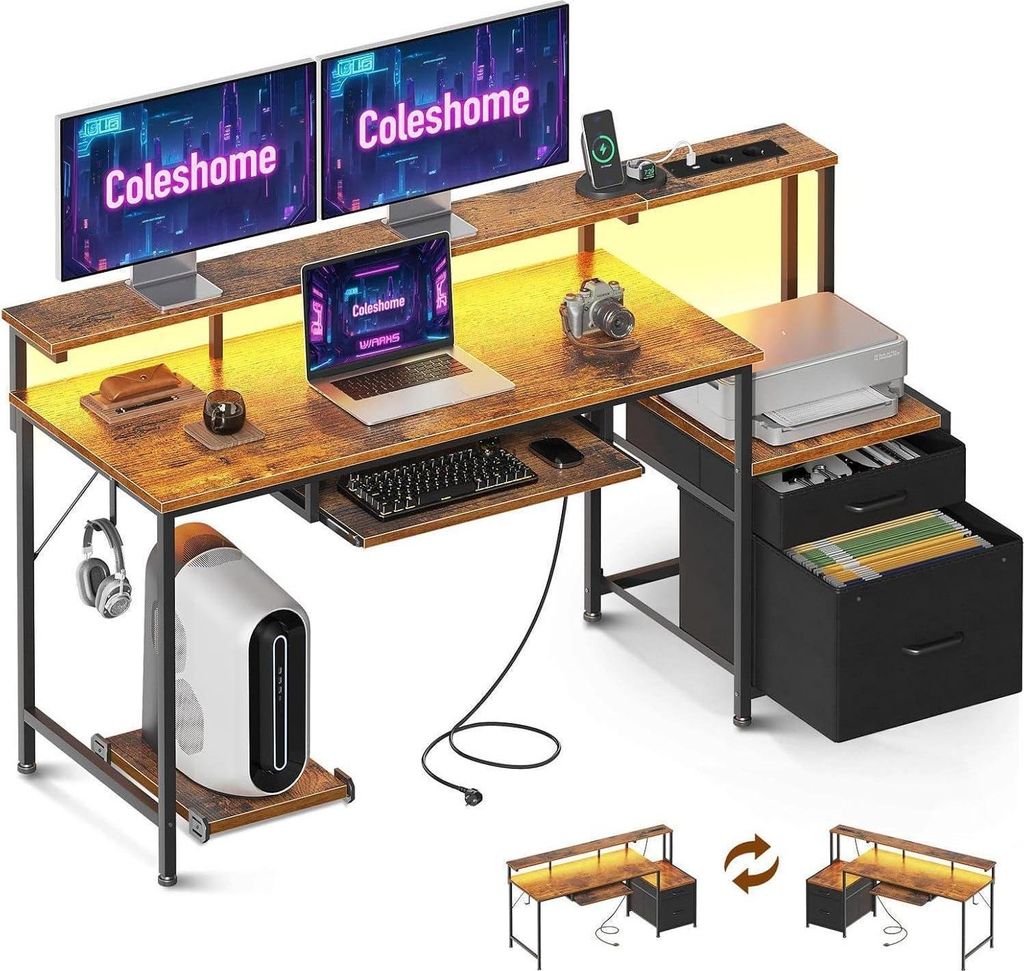 Scrivania Coleshome con cassetti e USB, 140x48cm, luce LED, Immagine del prodotto 