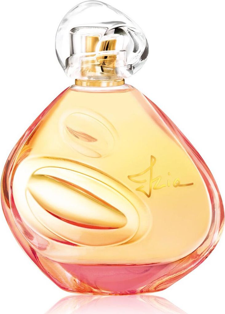 A perfume bottle with a gradient of pink and orange liquid, set against a white background.