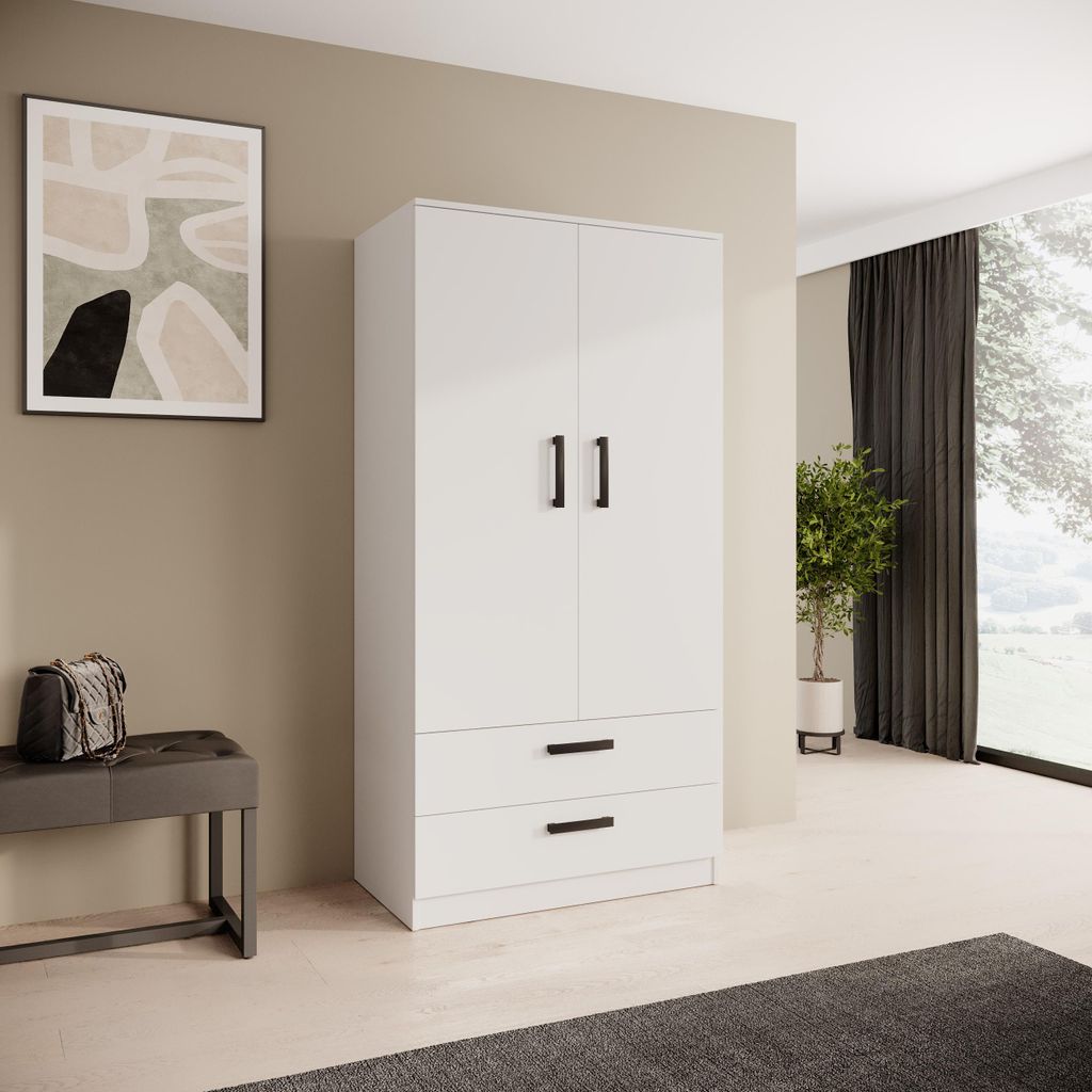 BEAUTYSOFA | Drehtürenschrank TREND 90 cm Weiß, Moderner Kleiderschrank mit Schubladen, Kleiderstange & Regalen - Soft-Close-System