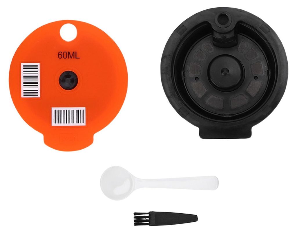 Wiederverwendbarer, nachfüllbarer PP-Filterkapselbecher für Kaffeepads mit 1 orangefarbener Deckelbürste und Löffel für Kaffeemaschinen
