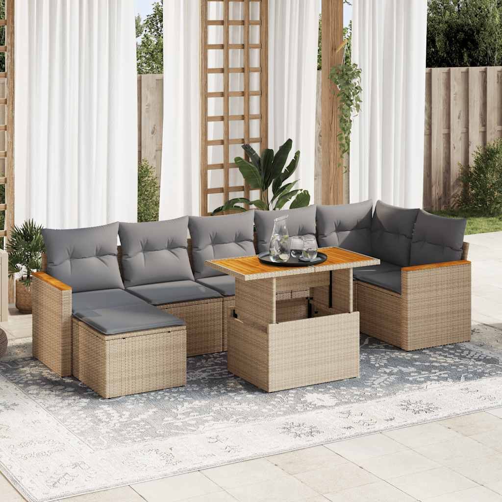 "2026 Promotion" 8-tlg. Garten-Sofagarnitur/Terrassenmöbel - mit Kissen - Beige Poly Rattan Akazie - Gartenmöbelset CC18343
