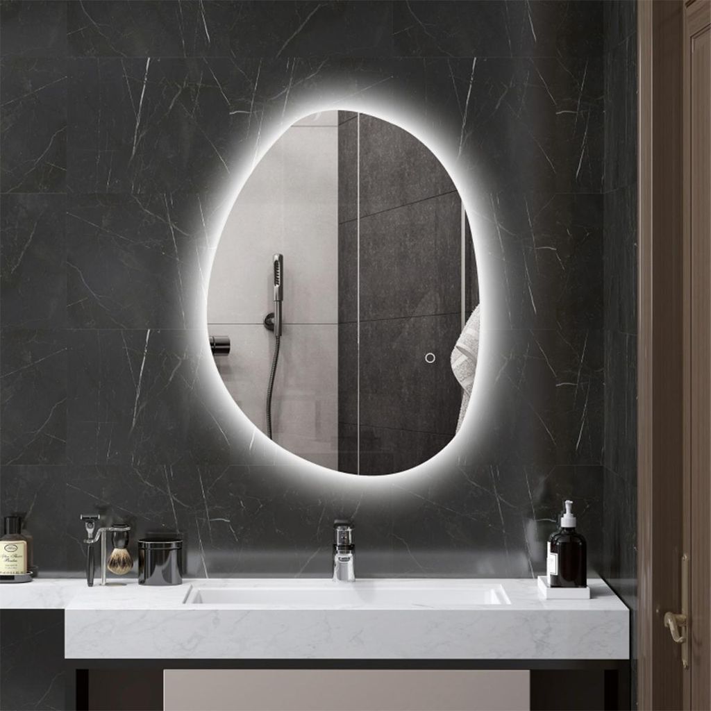 Badspiegel mit LED-Licht Smart Touch Schalter und Anti-Beschlag-Funktion Asymmetrischer Badezimmerspiegel Wandspiegel 70x50 cm Silber