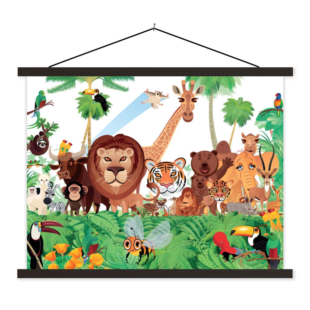MuchoWow Textilposter Wilde Tiere - Dschungel - Löwe - Tiger - Mädchen - Kinder - Jungen 150x113 cm mit schwarzem Rahmen - Wohnzimmer