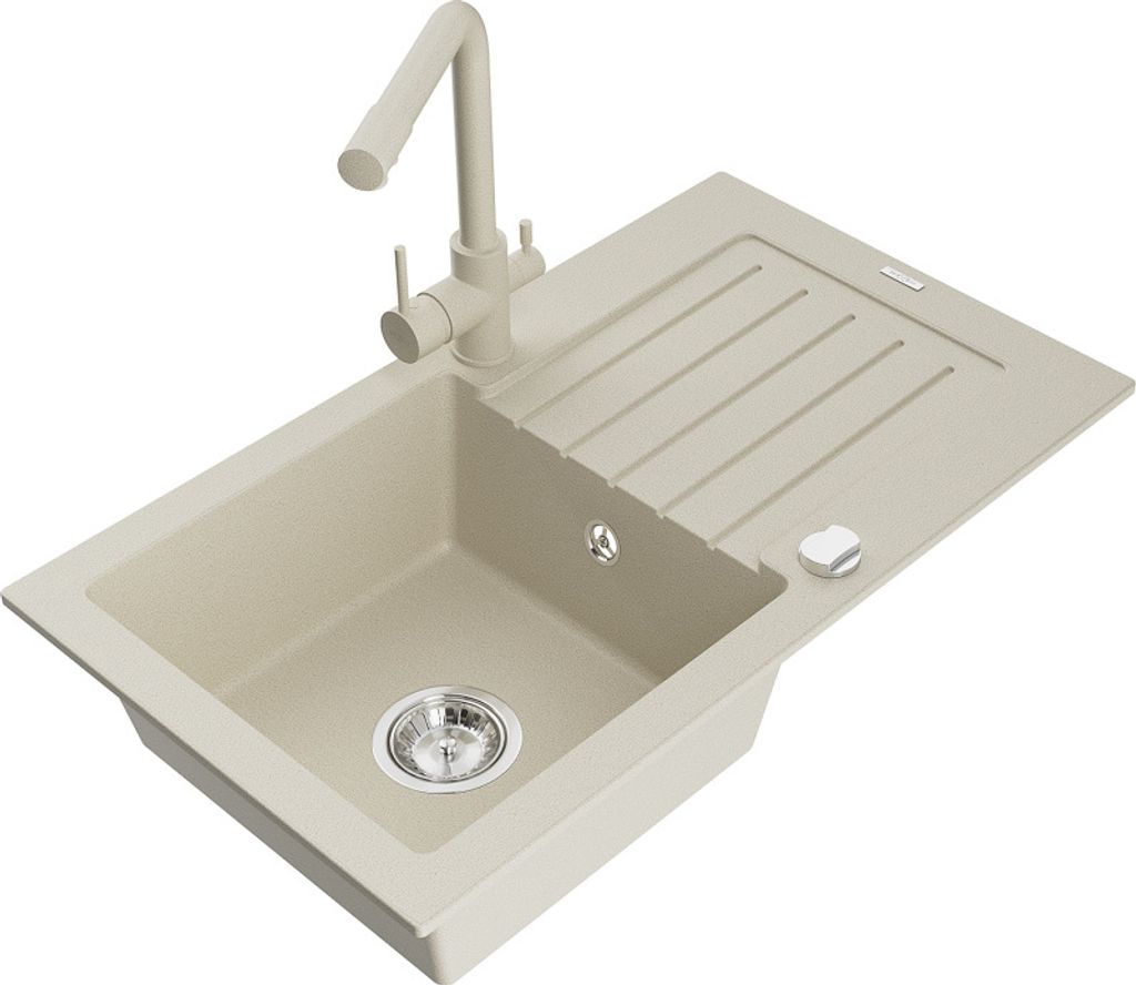 Mexen Pablo 1 Becken-Granitspüle mit Abtropffläche und Mischbatterie Duero, Beige - 6510-69-671600-69