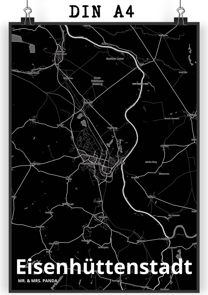 Mr. & Mrs. Panda Bild Eisenhüttenstadt DIN A4 - Geschenk, Stadt Dorf Karte Landkarte Map Stadtplan, wanddeko, drucke, Plakat, wanddruck, Wandbild