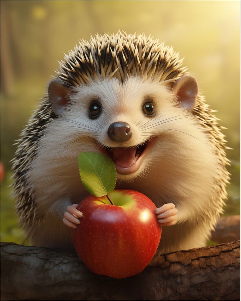 Wallario Poster - Lächelnder Igel mit Apfel, Kunstdruck Größe: 40 x 50 cm