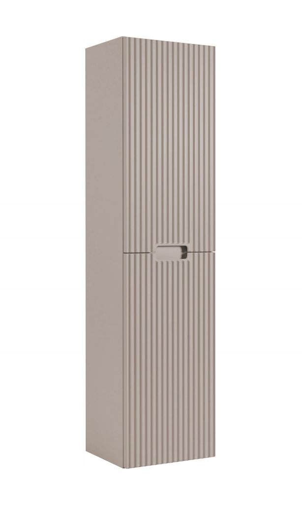 A tall, narrow beige cabinet with a ribbed texture and a horizontal handle in the middle.