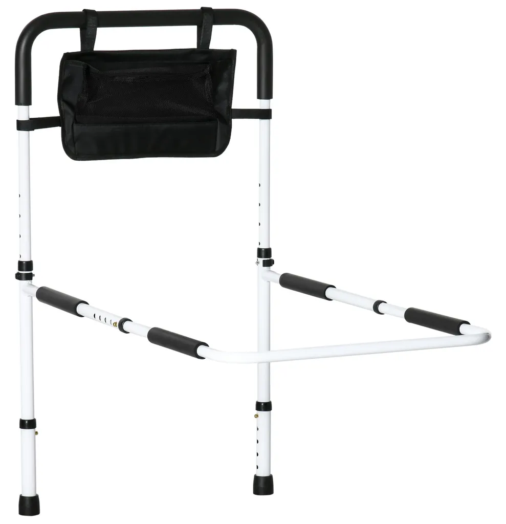 Barre d'appui de lit sur pieds réglable 5 hauteurs avec pochette Blanc