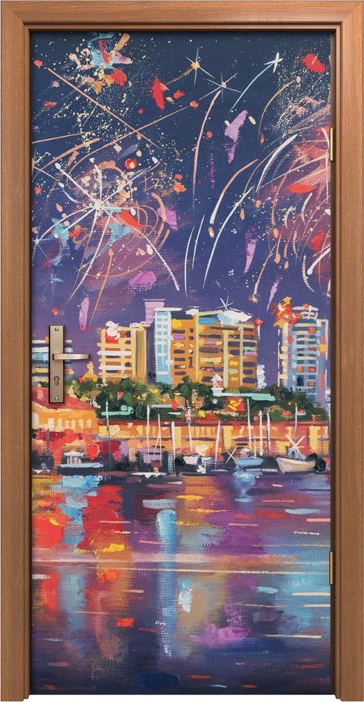 Türposter 90x200 cm Türaufkleber Türtapete Türfolie Klebefolie Kunstdruck Stadt Wasser Feuerwerk