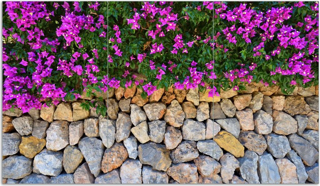 Wallario Herdabdeckplatte aus Glas, Größe 90 x 52 cm 3-teilig, Motiv Mauer mit pinken Blüten