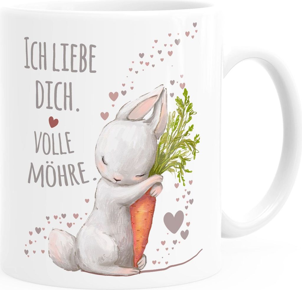 Kaffee-Tasse Liebesgeschenk Ich liebe dich volle Möhre Hase mit Karotte Liebesbotschaft Liebesbeweis Moonworks uni - weiß Keramik-Tasse