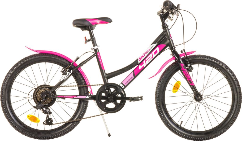 A studio shot of a pink and black junior sport bicycle against a white background.