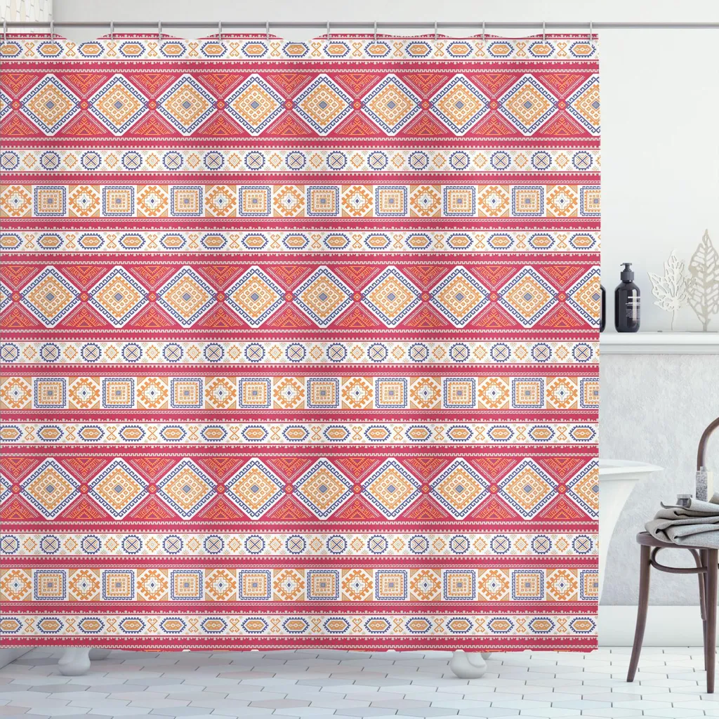 ABAKUHAUS Tenda da doccia tribale, motivi ritmici moderni, elementi artistici, 175 x 200 cm, rosa antico e albicocca