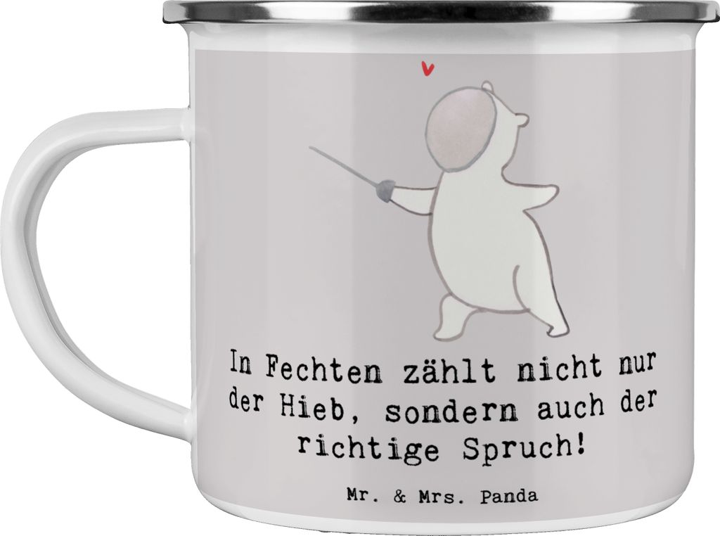 Mr. & Mrs. Panda Pott Fechten Spruch - Grau Pastell - Geschenk, Freizeitbeschäftigung, Duell, Emaille Tasse, Humor, Haferl, Teetasse, Sportler Ges...