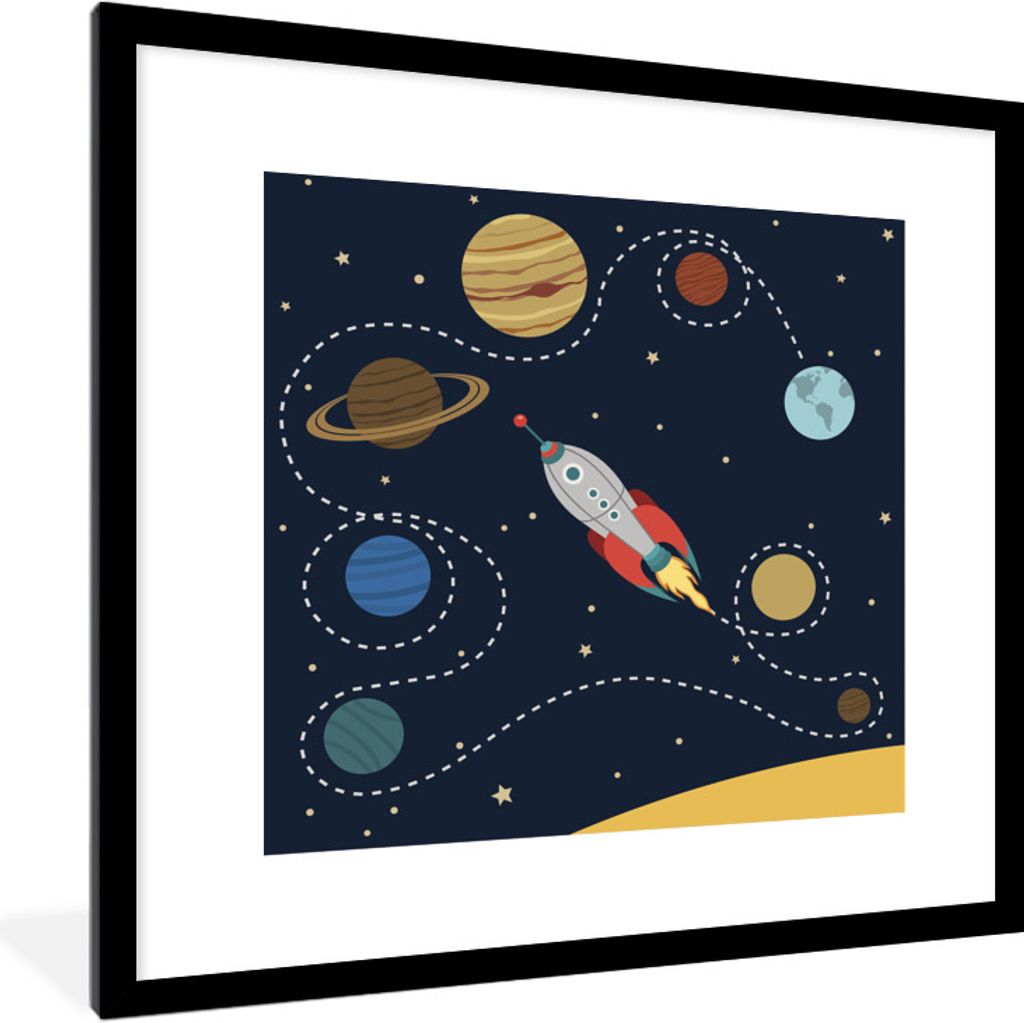 MuchoWow Gerahmtes Poster Eine Illustration einer Rakete, die durch das Sonnensystem fliegt 40x40 cm - Poster mit Schwarzem Bilderrahmen Wandpost...