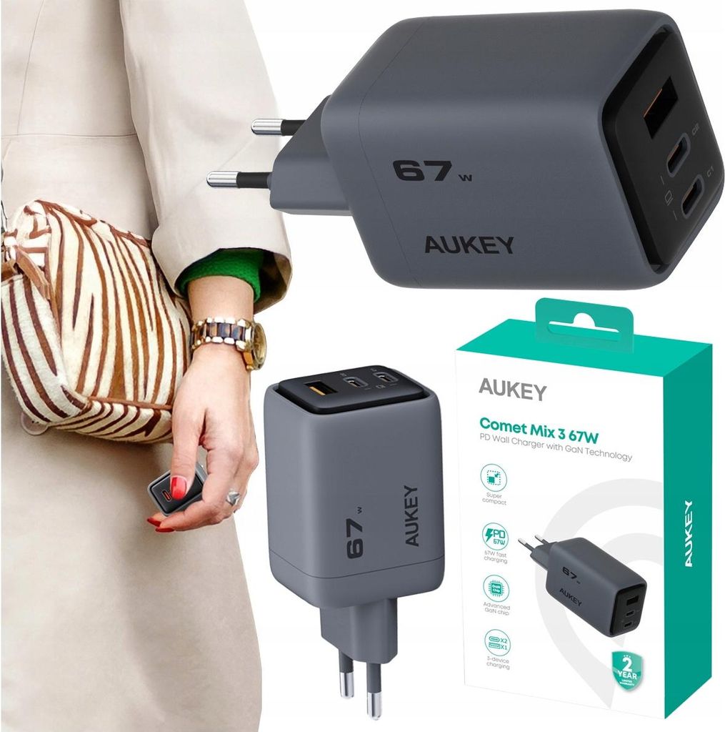 ŁADOWARKA SIECIOWA AUKEY podróżna kompaktowa 67W 1x USB-A Zdjęcie produktu 