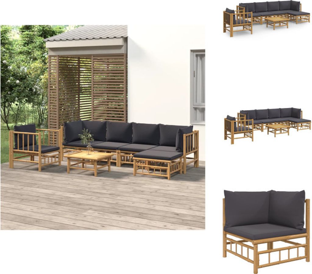 vidaXL 7-tlg. Garten-Lounge-Set mit Dunkelgrauen Kissen Bambus - Gartenmöbel-Sets