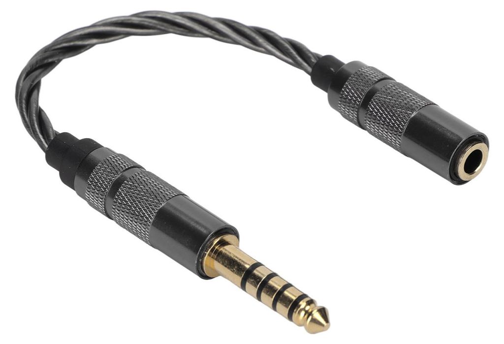 A close-up studio shot of an audio adapter cable.