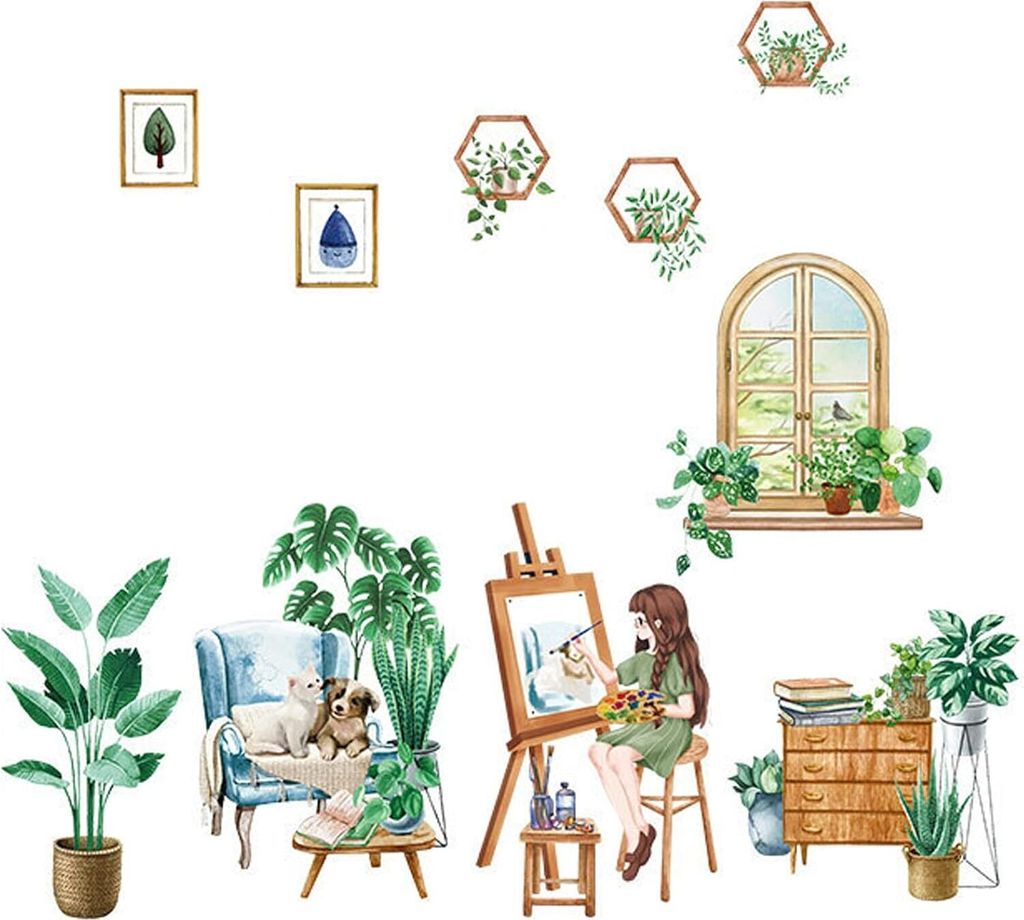 Wandtattoo Wandaufkleber Fensteraufkleber Wandsticker Pflanzen Fensterbrett Mädchen