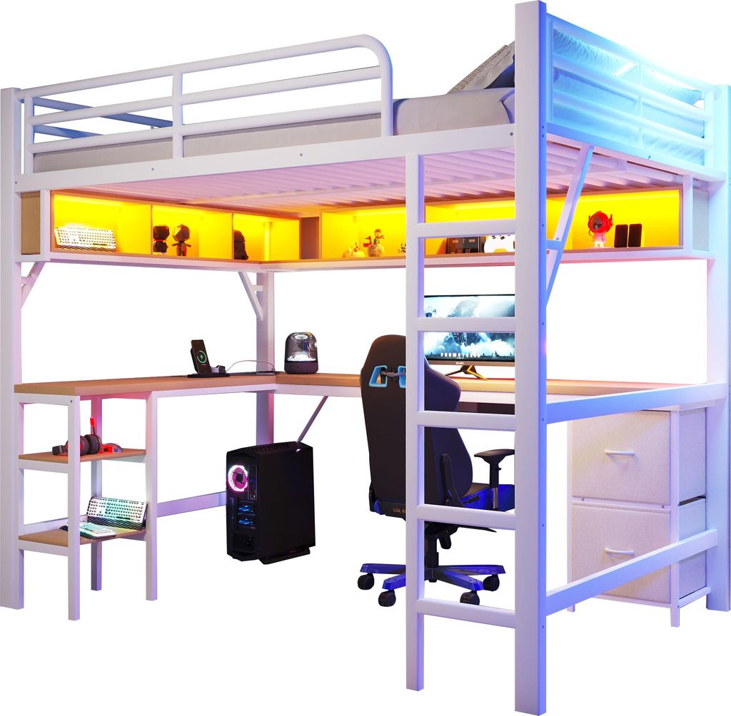 Hochbett mit Schreibtisch, Lattenrost, Regal, LED, Produktbild 